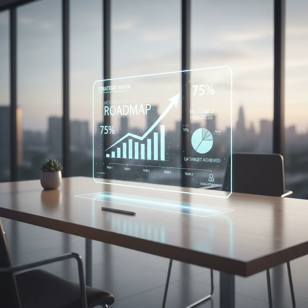A sharp, minimalist office scene where a sleek, transparent digital display reveals a dynamic business roadmap. The screen showcases an unmistakable upward trajectory, real-time data analytics, and a detailed timeline, powerfully symbolizing meticulous goal setting and data-driven, measurable progress toward future success.