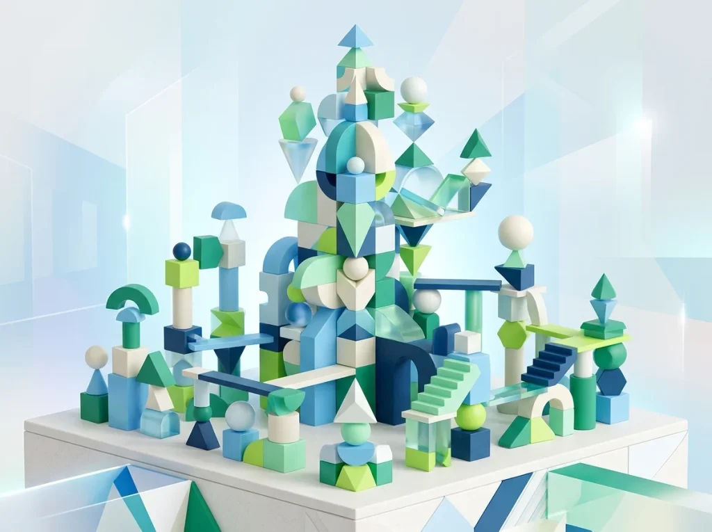 A 3D abstract illustration where diverse, interconnected geometric shapes collaboratively construct and support a central structure, embodying shared leadership and collective growth in an educational context. Rendered with a clean, minimalist aesthetic in harmonious blues, greens, and whites, inspired by Larus.fi.