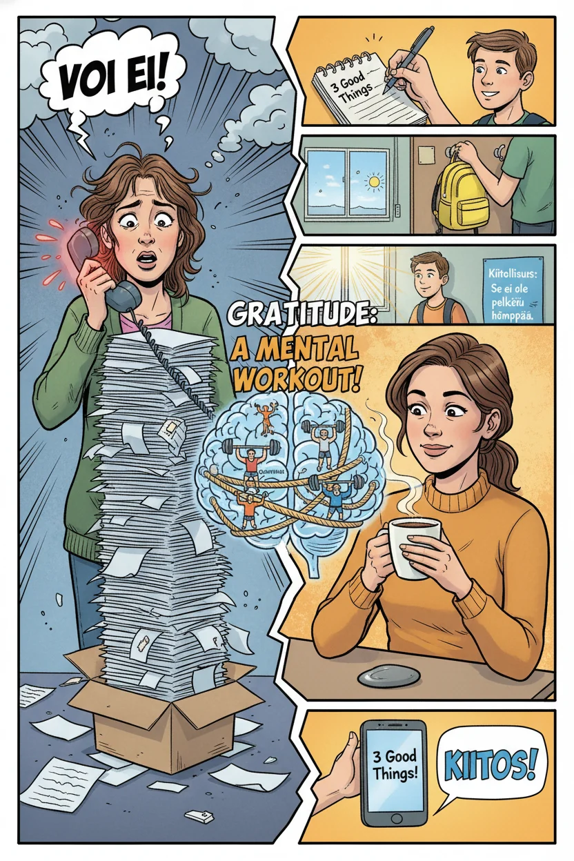 This vibrant comic-style illustration dynamically splits a bustling school hallway scene, contrasting an overwhelmed teacher on the left—buried under papers, a ringing phone, and a 'VOI EI!' thought bubble—with her composed, gently smiling counterpart on the right, sipping coffee and practicing gratitude. Interwoven panels depict small acts of appreciation like journaling and a 'KIITOS!' text. At the heart, a stylized 'brain gym' shows dopamine and serotonin figures strengthening neural pathways, illustrating gratitude as a powerful mental workout, subtly echoed by a background poster reading 'Kiitollisuus: Se ei ole pelkkää hömppää'.