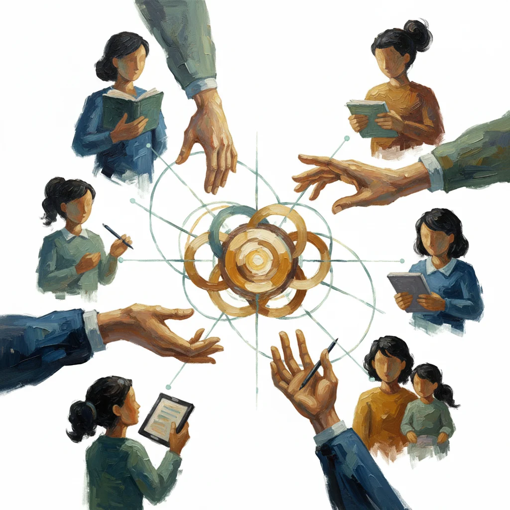 An abstract oil-painted composition depicts a school ecosystem as diverse role-figures extend toward one another through a balanced network of interlocking circles and reaching hands. Warm golden accents and deep blues with muted greens glow against a soft neutral background, while layered brushstrokes and textured paint convey distributed decision-making, collaboration, and shared leadership in an educational setting. No text or labels—just clear, modern minimal abstraction with vivid painterly realism.