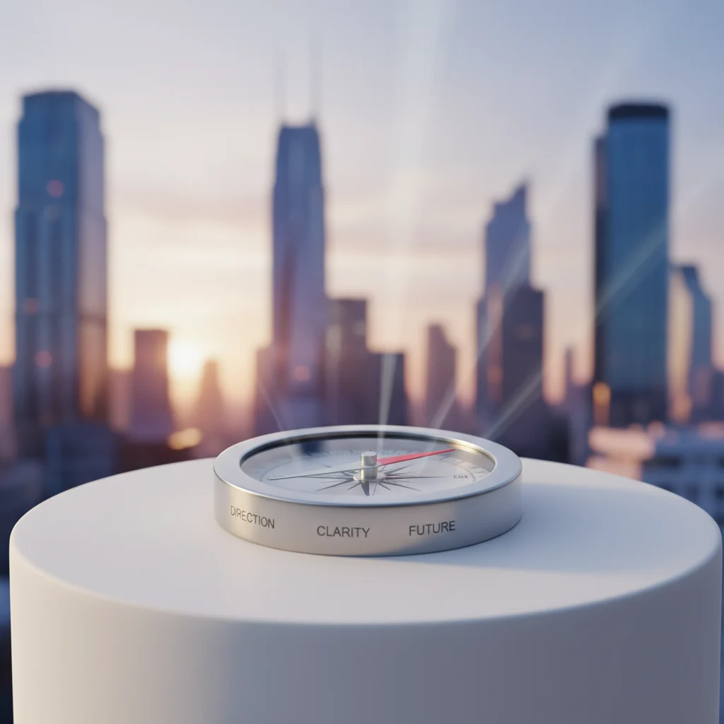 A striking high-resolution capture of a modern, gleaming compass, its needle steadfastly pointing towards a vibrantly blurred, optimistic cityscape. This image elegantly embodies strategic clarity, unwavering direction, and the exciting aspiration of a bright future, all bathed in sophisticated lighting on a minimalist backdrop.