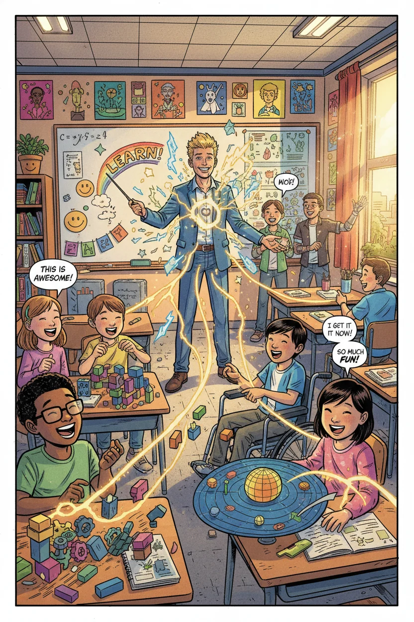 A vibrant, comic-book style classroom scene bursts with energy as a charismatic teacher's literal positive sparks ignite a domino effect of happiness and engagement among diverse students. The room is alive with smiling faces, collaborative projects, colorful whiteboard drawings, and dynamic interactions, embodying a powerful sense of contagious joy and motivation.