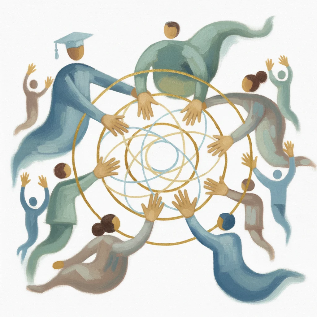An abstract oil painting depicting a school ecosystem of diverse role-figures reaching toward one another through a balanced network of hands and interlocking circles. Warm golden highlights and layered brushstrokes emerge over a soft neutral backdrop, using deep blues, muted greens, and cohesive accents to symbolize distributed decision-making, collaboration, and shared leadership within an educational institution. No text or labels.