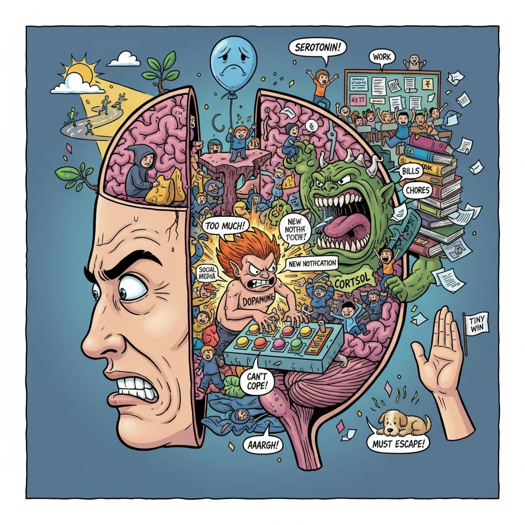 A dynamic comic book illustration bursts with color as a person's head reveals a chaotic internal world. Personified neurotransmitters wreak havoc: Dopamine frantically pushes 'quick win' buttons, a towering Cortisol monster unleashes a classroom of stress, Serotonin floats deflated, and Oxytocin hides. Yet, amidst the exaggerated expressions of internal struggle, subtle 'happiness hacks' like sunlight, a pet, and a jogging path begin to emerge, offering a vibrant glimpse of hope in the mind's grand battle for well-being.