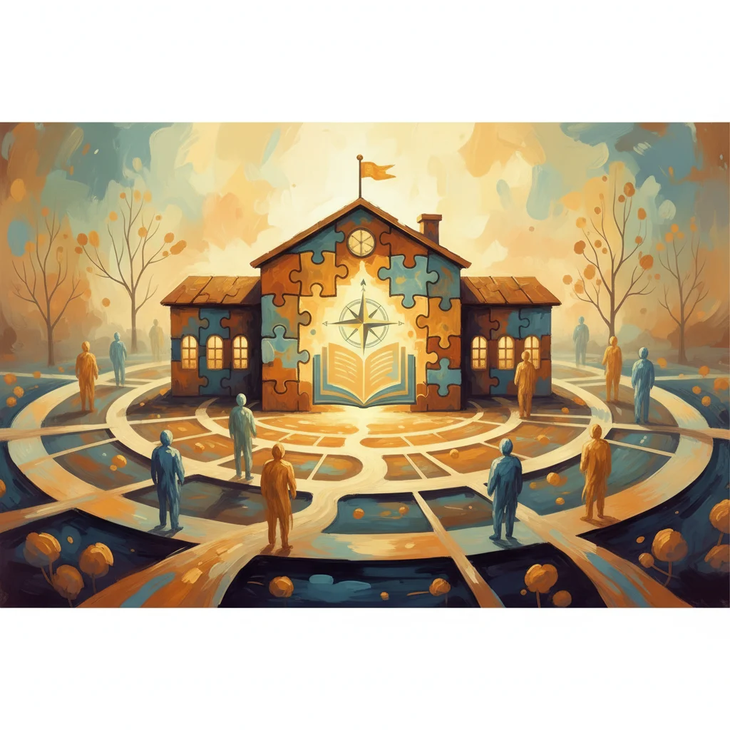 An oil-painting-style abstract school building formed from interlocking puzzle pieces, surrounded by gentle flowing pathways. Warm, harmonious colors and soft brushwork suggest shared leadership as responsibilities and decisions spread throughout the community. Subtle abstract human silhouettes encircle the focal structure, symbolizing shared values, clear roles, and collective benefit, composed as a high-contrast article header with no text or labels.