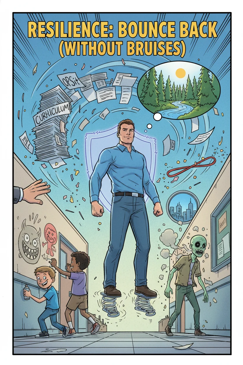 In a vibrant, highly detailed comic style, a determined teacher, subtly glowing with 'mental armor,' dynamically springs back from a challenging school day. The scene teems with chaotic students, towering paperwork, and a dissolving 'burnout zombie.' Symbols of resilience like a snapping rubber band, a supportive hand, and a self-care thought bubble are woven throughout, all rendered with bold lines and an optimistic color scheme to celebrate 'Resilience: Bounce back (without bruises).'