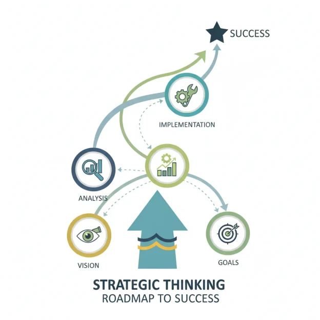 A crisp infographic illustrating the interconnected journey of strategic thinking, from foundational vision and deep analysis to clear goal setting and effective implementation, all presented in a clean, professional, flat design guiding towards success.