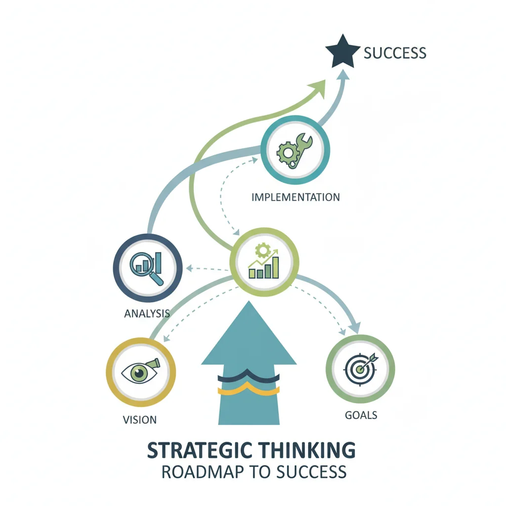 A crisp infographic illustrating the interconnected journey of strategic thinking, from foundational vision and deep analysis to clear goal setting and effective implementation, all presented in a clean, professional, flat design guiding towards success.