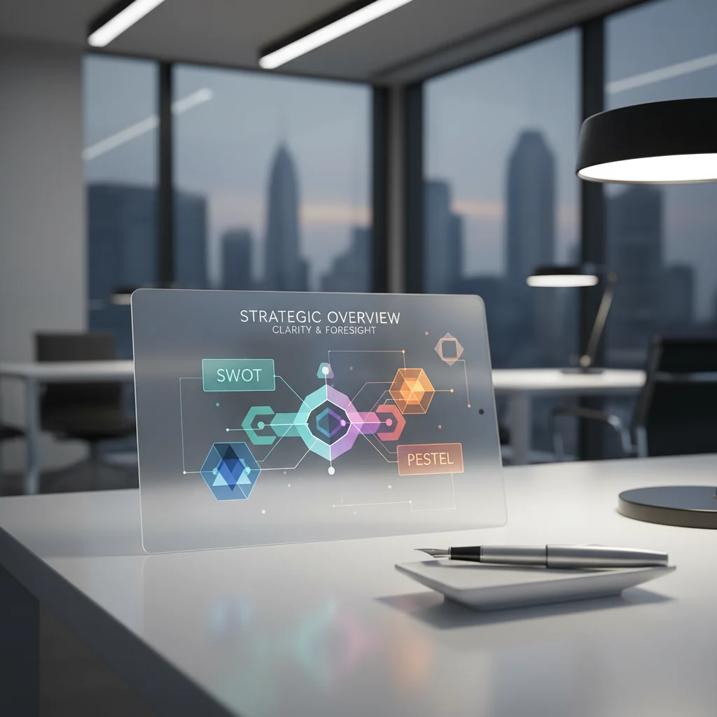 An artfully composed, minimalist desktop scene where clarity meets complexity. This professional photograph showcases an elegant business analysis chart with abstract, interconnected SWOT and PESTEL elements, a solitary pen, and a subtle modern office backdrop, all bathed in soft, diffused lighting. It encapsulates the essence of strategic foresight, offering a visual roadmap for future success.