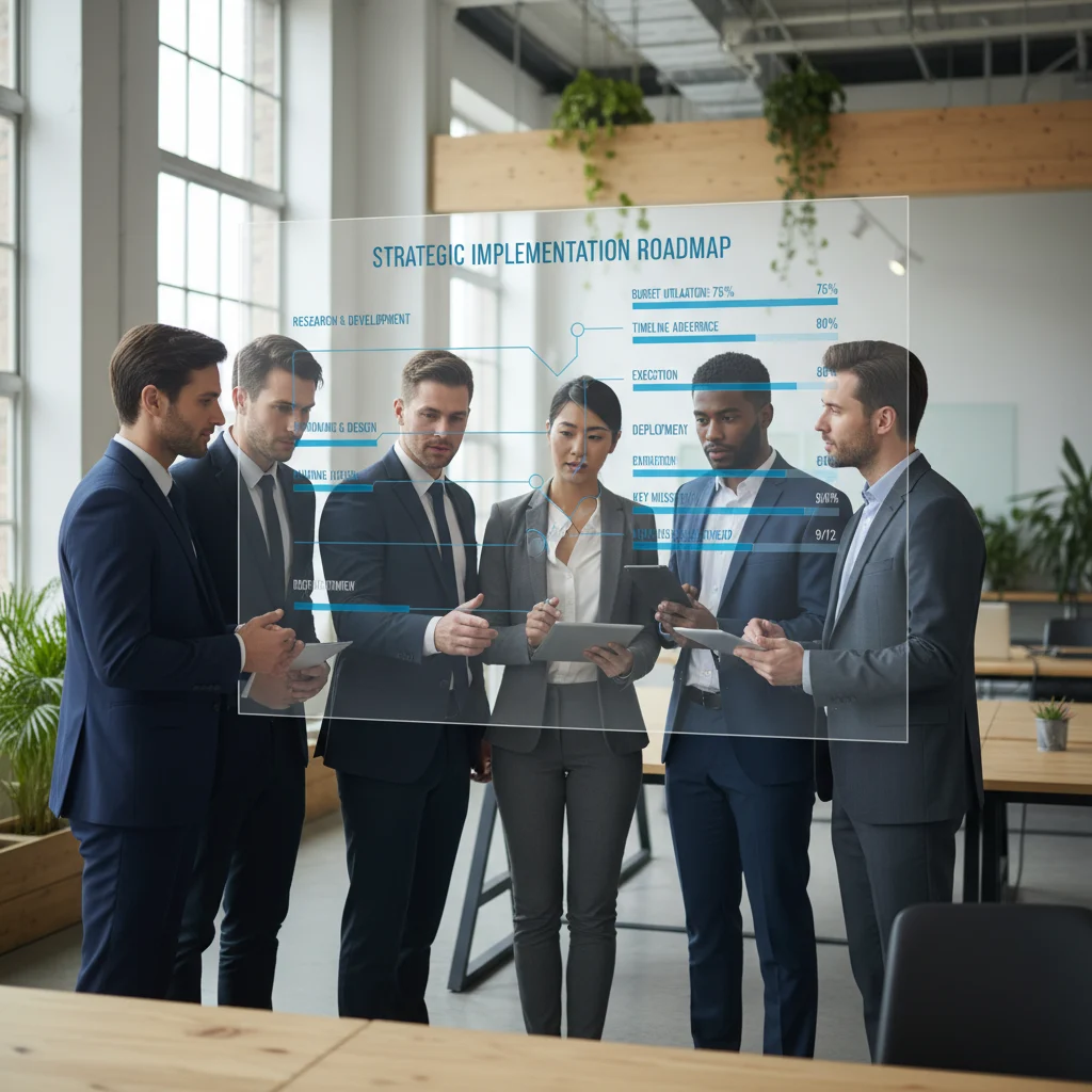 A diverse and dedicated business team in a contemporary office setting intently scrutinizes a large digital display. The screen projects a detailed strategic implementation roadmap, complete with real-time progress metrics, symbolizing their collaborative drive and meticulous planning towards future success. The scene, bathed in natural light, captures the essence of modern corporate strategy and unified vision.