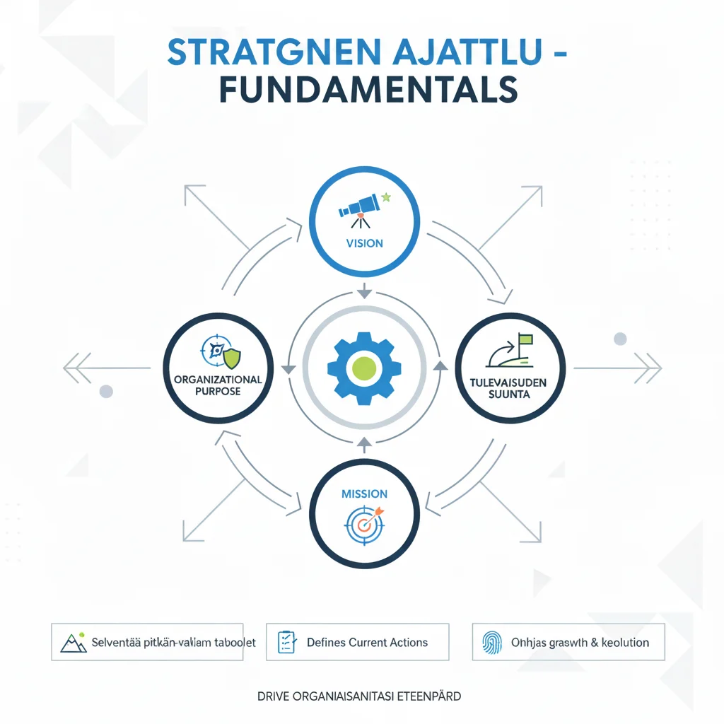 An insightful infographic visually dissecting the fundamental pillars of strategic thinking, from defining a clear vision and mission to outlining future direction and core organizational purpose. Utilizes professional icons, dynamic arrows, and intuitive diagrams for a comprehensive and accessible overview of strategic essentials.