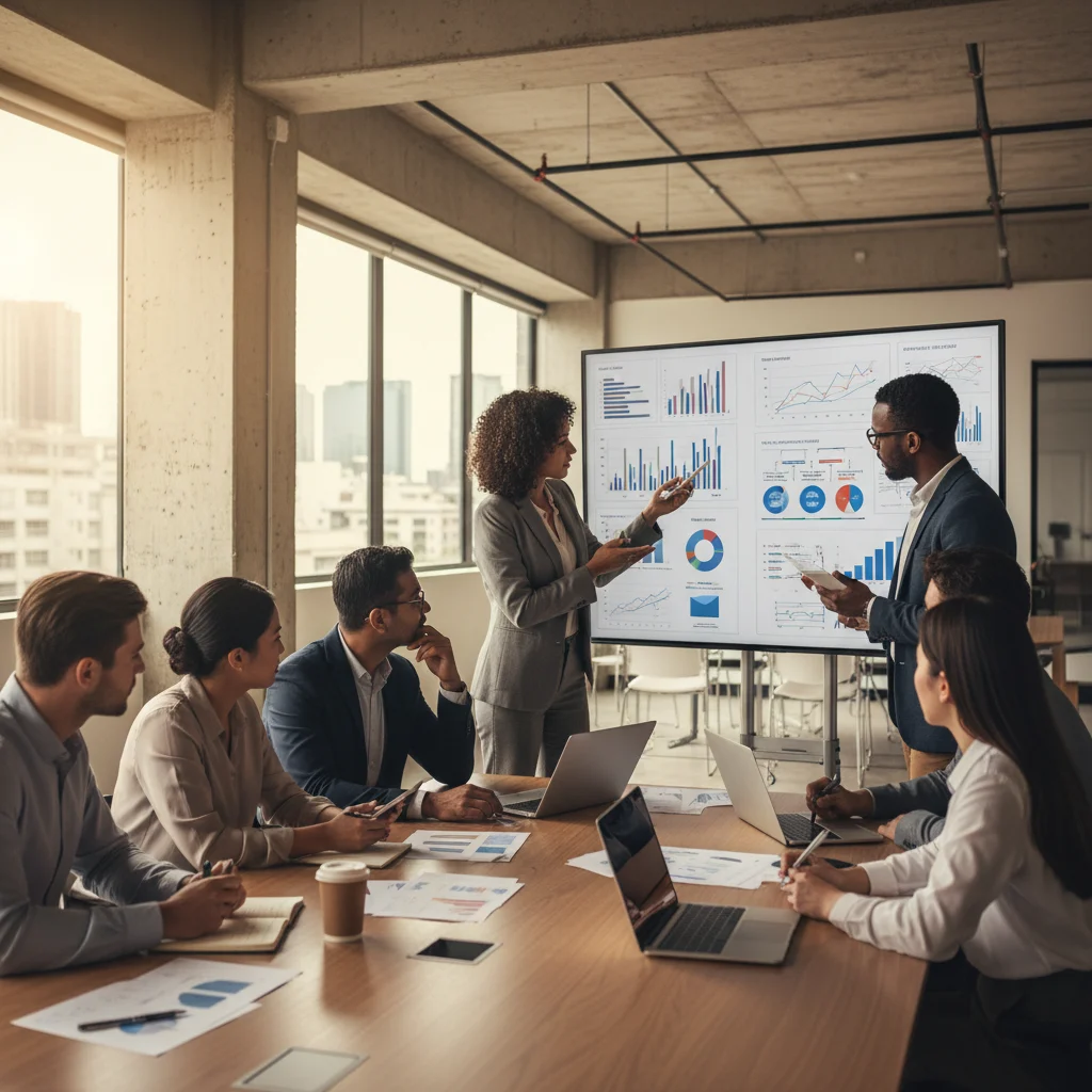 A diverse team of business professionals engages in an intensive session, collectively scrutinizing strategic data and diagrams on a large display. Their combined focus, insightful analysis, and collaborative decision-making are paramount in this modern office environment.