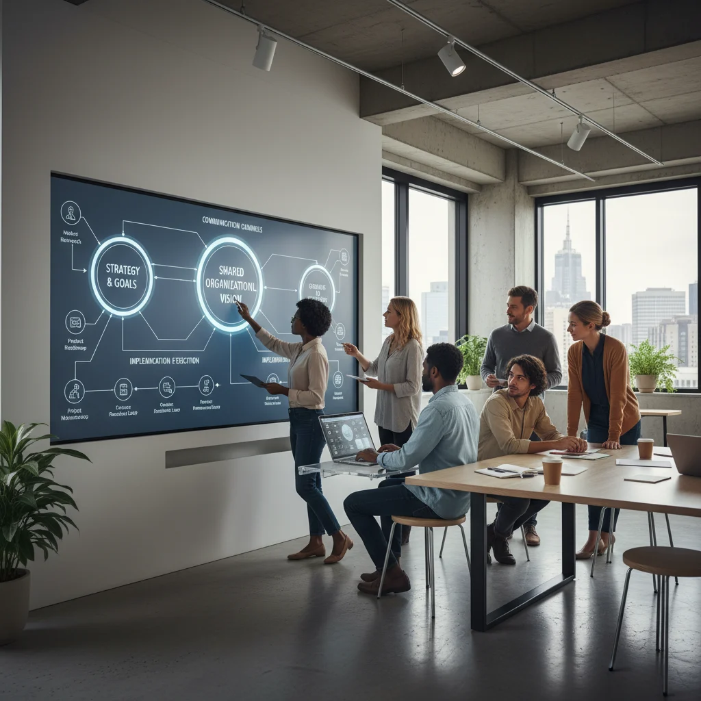 A diverse and dynamic team in a sleek, modern office actively collaborates around a brilliant digital display. The screen vibrantly illustrates their interconnected strategic goals, the flow of effective communication, and the precise steps of implementation, all converging to manifest a powerful, shared organizational vision. It's a snapshot of collective intelligence shaping the future.