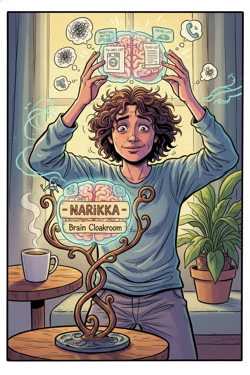 A vibrant, comic-style illustration depicting the ultimate act of self-care. An overwhelmed individual, surrounded by glowing thought bubbles of modern stressors like meeting notes, laundry, and a ringing phone, literally detaches their multi-tabbed brain and hangs it on a whimsical 'Brain Cloakroom' stand. Their expression transforms from frantic to serene, complemented by a background rich with calming details: a steaming coffee, a potted plant, and subtle visual cues for rhythmic breathing, all rendered with bold lines and vibrant colors.