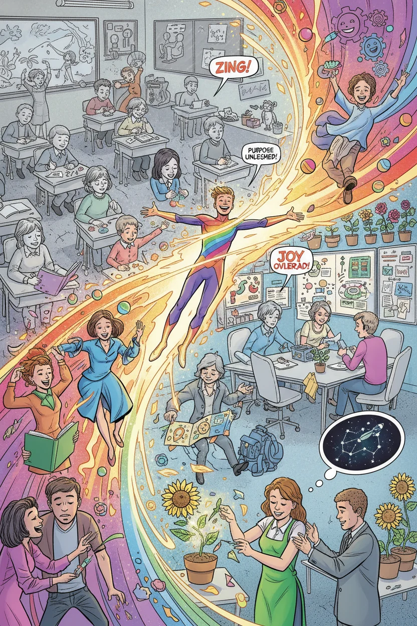 Witness a dazzling comic book spectacle where a monochromatic world explodes into vibrant color, ignited by a central 'happiness super-spreader'. Diverse individuals from students to office workers actively transform their surroundings, engaging in joyful interactions and 'happiness gardening' as they discover renewed purpose amidst a dynamic burst of energy and light.