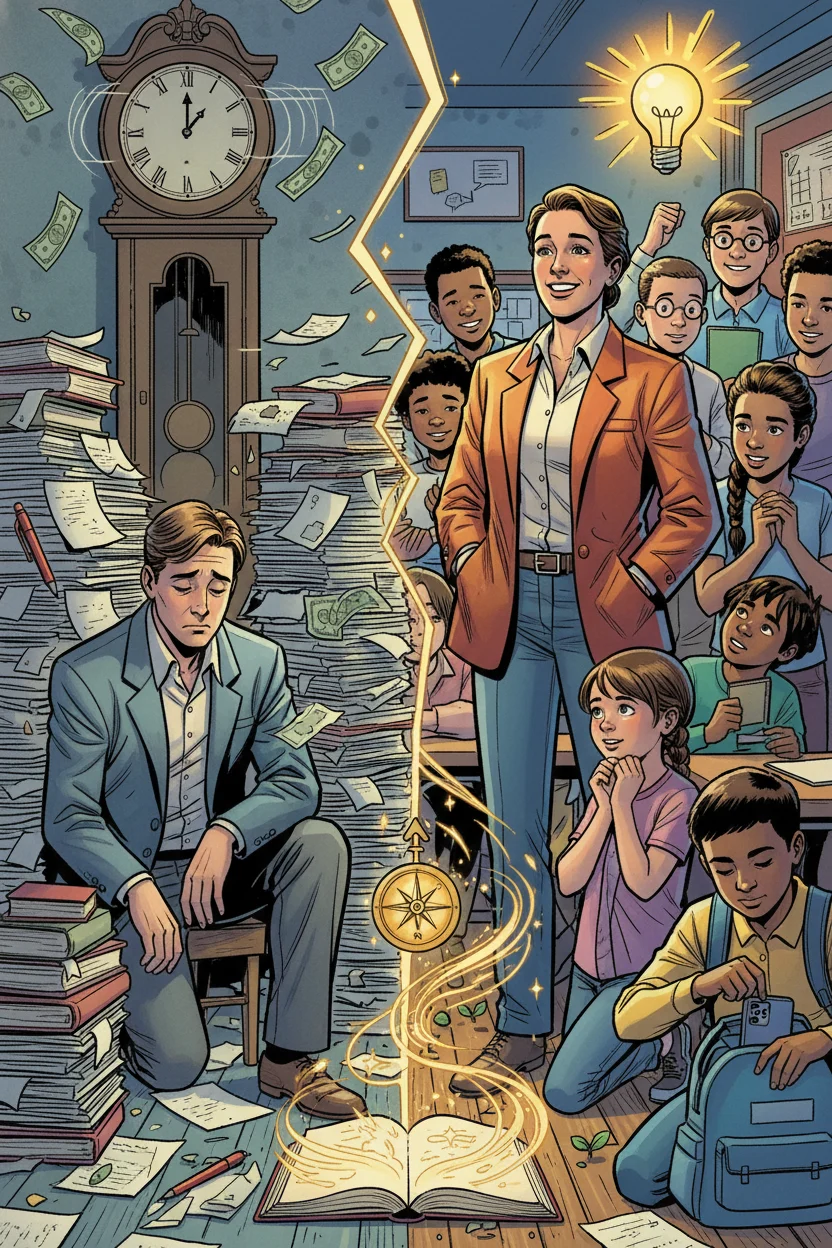 A vibrant comic book art scene illustrating a teacher's profound journey from mundane work to passionate purpose. The left side depicts a weary teacher surrounded by paper stacks, a large ticking clock, and a rain of dollar bills, symbolizing the daily grind. In stark contrast, the right side portrays a radiant teacher actively engaging diverse students in a bustling classroom: one student's understanding is represented by a glowing lightbulb, another shyly participates, and a third puts away a phone to focus. Subtle yet powerful details like growing plant sprouts, a compass pointing to 'Meaning,' and an open book radiating inspiration reinforce the theme of growth and fulfillment, all rendered with dynamic poses, expressive faces, bold outlines, and a rich, impactful color palette.
