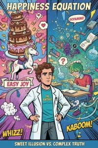 A vibrant comic contrasts the superficial allure of cake and unicorns with the complex, scientific reality of true happiness, featuring a chaotic classroom, tech-obsessed teen, and intricate brain-like gears.