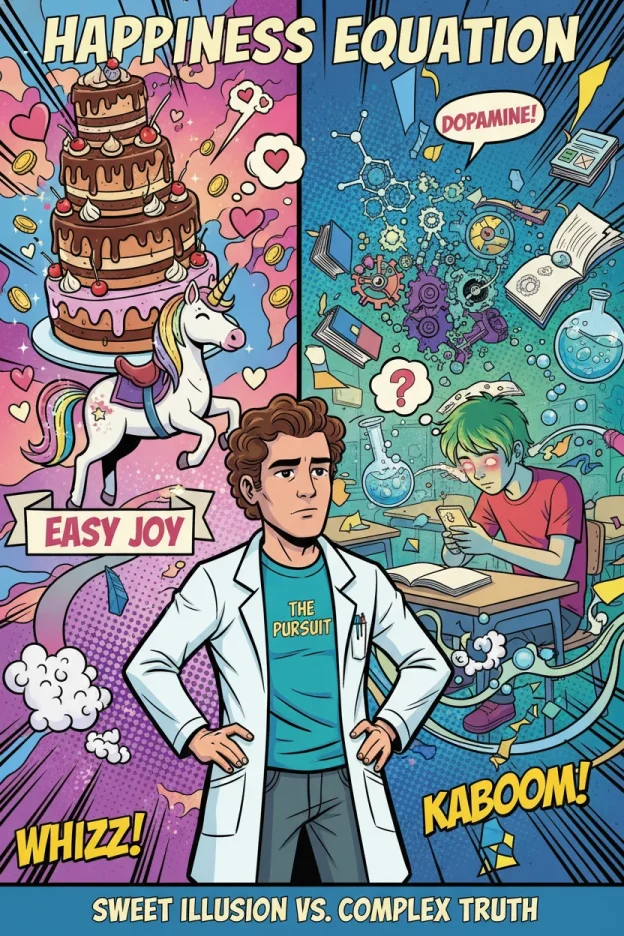 A vibrant comic contrasts the superficial allure of cake and unicorns with the complex, scientific reality of true happiness, featuring a chaotic classroom, tech-obsessed teen, and intricate brain-like gears.