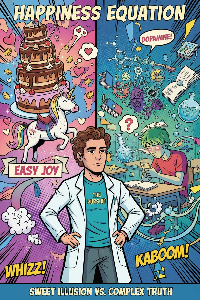 A vibrant comic contrasts the superficial allure of cake and unicorns with the complex, scientific reality of true happiness, featuring a chaotic classroom, tech-obsessed teen, and intricate brain-like gears.