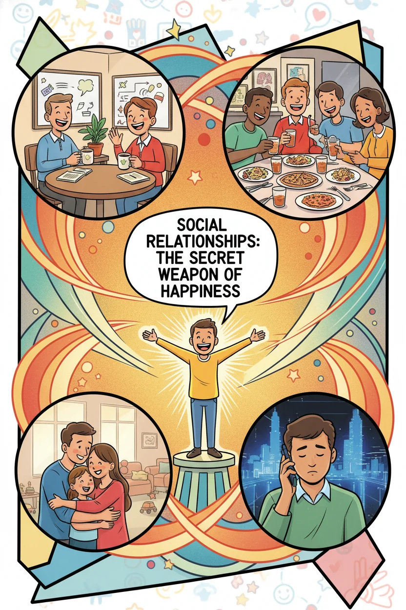 This vibrant, complex comic book illustration, titled 'Social Relationships: The Secret Weapon of Happiness', visually articulates the profound impact of human connection. A joyful central figure is enveloped by a constellation of detailed vignettes—teachers sharing laughter, friends enjoying dinner, a family in a warm embrace, and a supportive phone conversation. Each scene pulses with expressive characters, radiating warmth, connection, and belonging, all intricately linked by glowing lines of positive energy, rendered with bold outlines and optimistic colors.