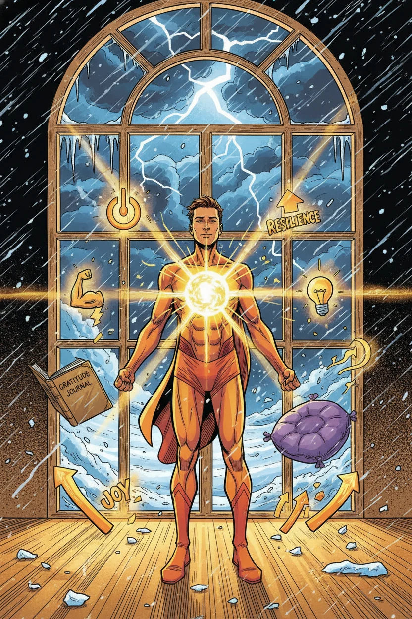A dynamic comic book illustration captures a figure radiating a brilliant 'inner sun' from their core, amidst a sanctuary of mental wellness tools like a gratitude journal and meditation cushion, while a furious sleet storm rages outside a large window. This vivid scene powerfully contrasts inner peace and resilience against external chaos, emphasizing enduring joy.