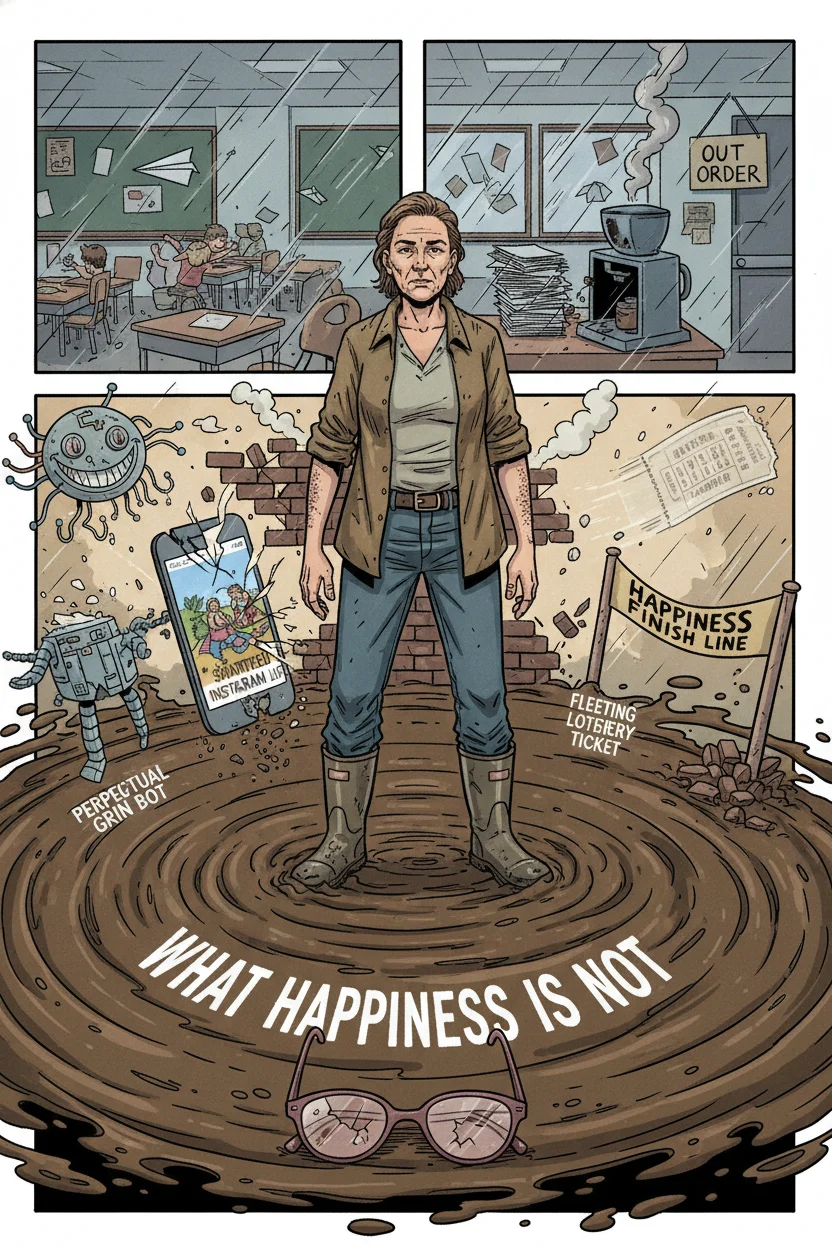 In a dynamic comic style, a resilient teacher, with rain boots planted firmly, confronts 'what happiness IS NOT' within a swirling mud puddle. Around them, the deceptive 'bogeymen' of perfect Instagram lives, effortless bliss, and lottery dreams dissolve into nothingness, leaving behind broken rose-tinted glasses. Glimpses of authentic, challenging school life—chaotic classrooms and mountains of papers—form the backdrop, reflecting the teacher's expression of realistic and profound acceptance, not forced cheer.