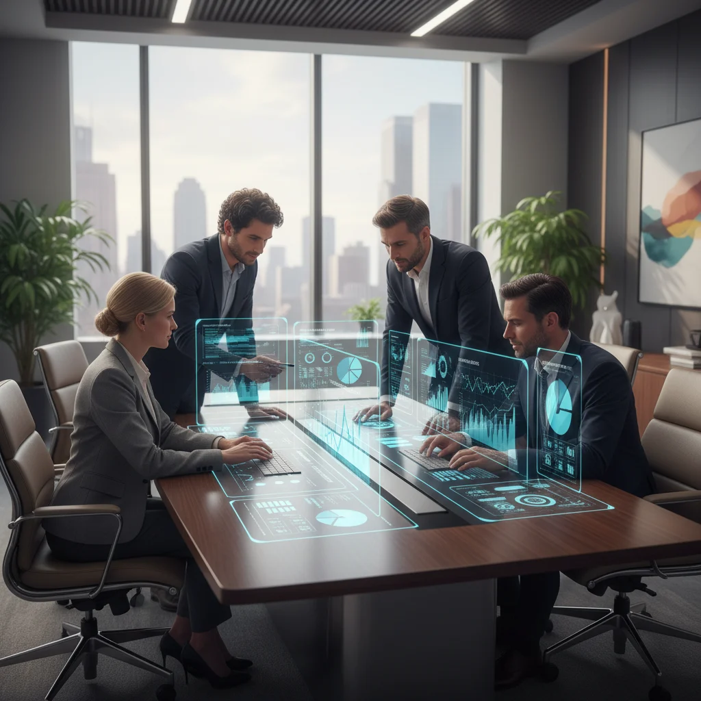 Within a sleek, modern corporate setting, a group of sharp business leaders converges, their focus intently fixed on dynamic dashboards. These screens vividly display real-time key performance indicators and strategic milestones, reflecting their collaborative spirit and unwavering commitment to active monitoring and data-driven evaluation, propelling the organization forward.