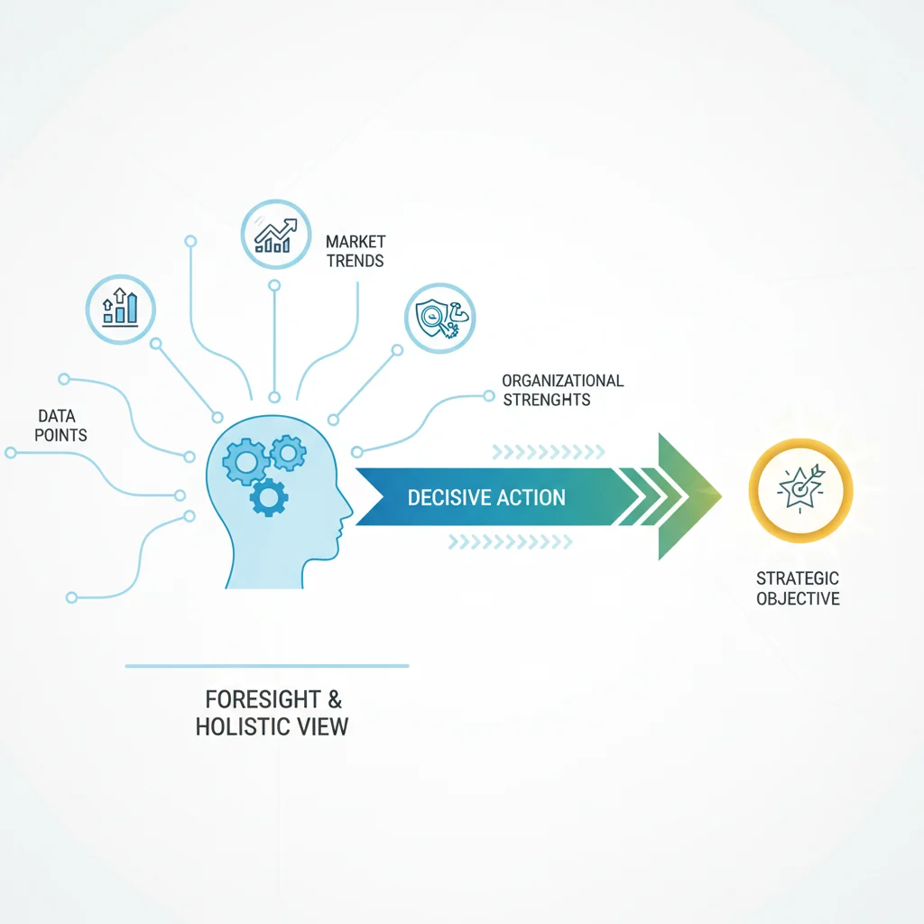 An infographic illustrating strategic foresight, featuring a stylized human head at its core. Radiating lines connect diverse elements such as crucial data points, evolving market trends, and organizational strengths. These insights converge into a clear, forward-moving path, leading towards a bright and distant strategic objective. The design employs clean lines, modern icons, and a professional aesthetic to emphasize a holistic view, decisive action, and future-oriented thinking.