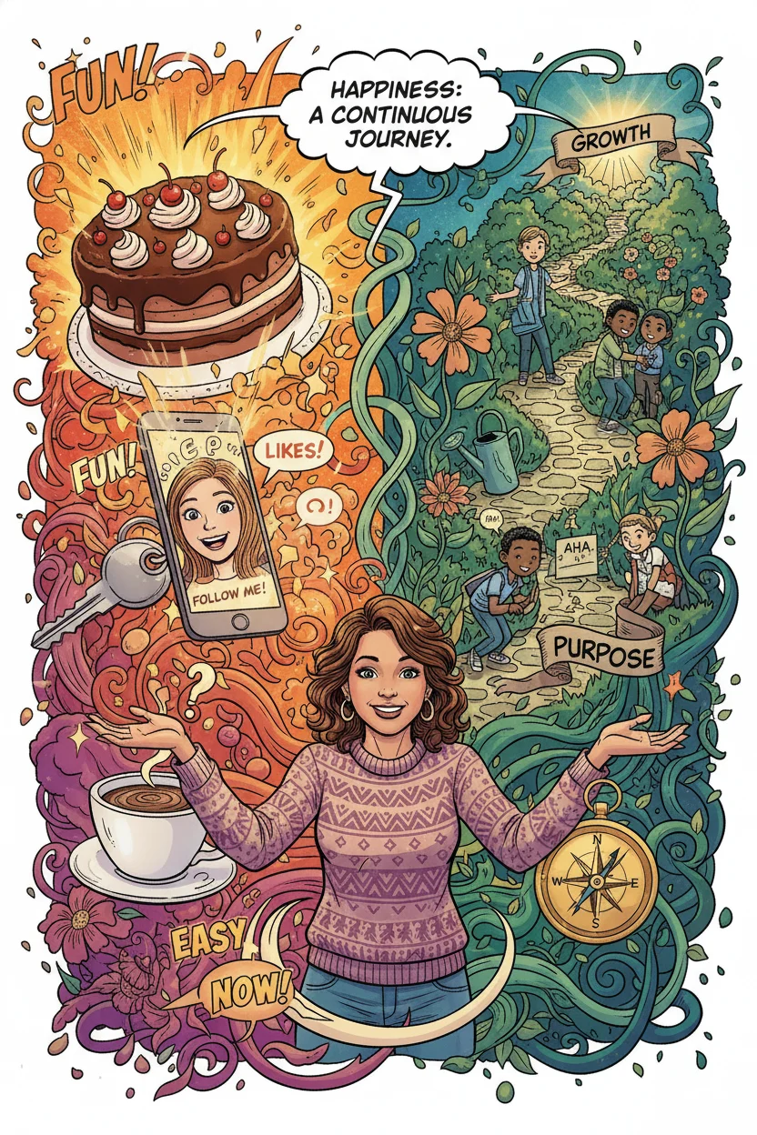 In a dynamic comic book style, a teacher stands at the crossroads of two vibrant realities. One side explodes with cartoonish, fleeting pleasures: a colossal cake, a captivating phone, new car keys, and a perfect coffee. The other side intricately weaves scenes of enduring well-being: a nurturing garden, students achieving breakthroughs, a winding path of growth, and a compass of purpose. Thought bubbles and energetic lines illustrate that true happiness is a continuous, sustainable journey, not merely an ephemeral emotion.