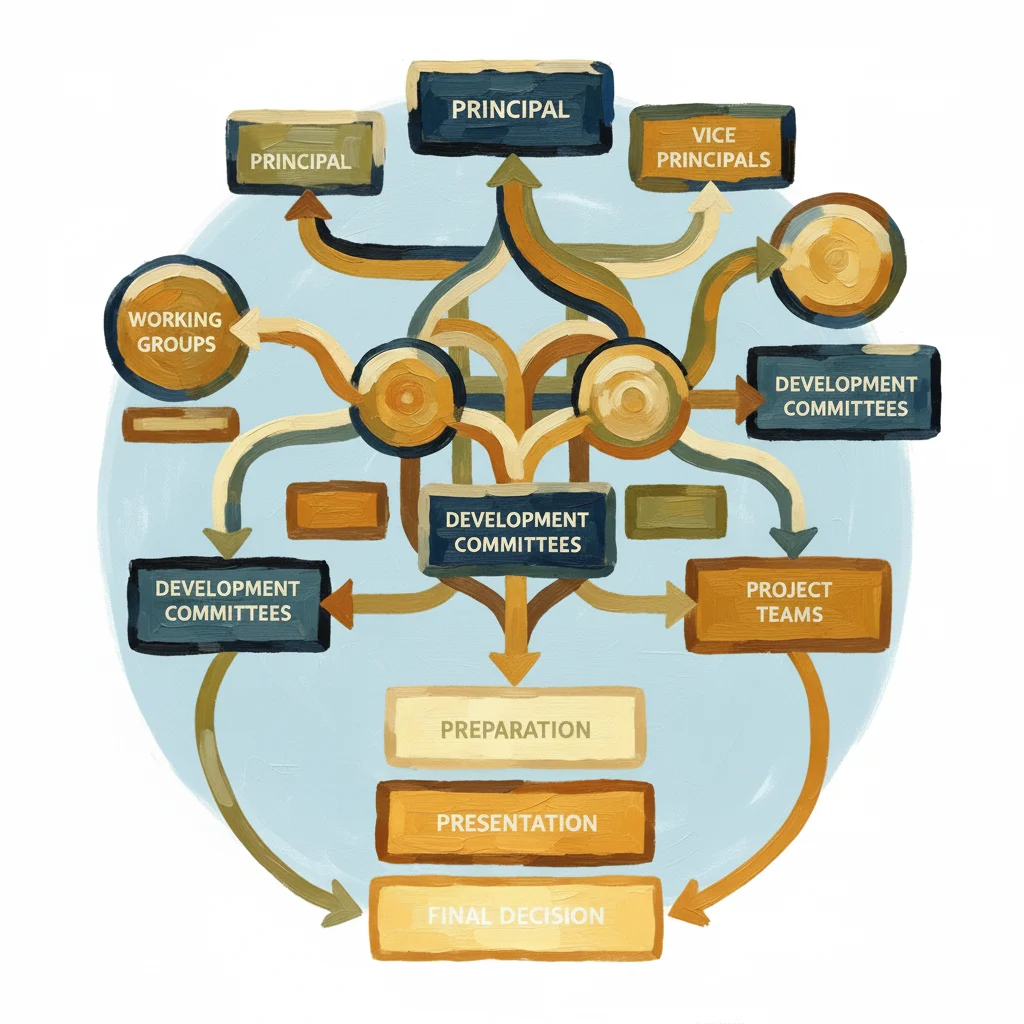 Oil-paint illustration of a Finnish school’s shared leadership framework as a clean top-down structure map, where connected roles—principal, vice principals, working groups, development committees, and project teams—flow through clear network paths and handoff arrows toward unified decisions. Three layered stages—preparation, presentation, and final decision—appear as glowing light panels, reinforcing transparency and responsibility. Cohesive geometry, warm professional tones, and rich painterly brushstrokes add depth and texture, capturing collaboration without any readable text, labels, numbers, logos, or watermarks.
