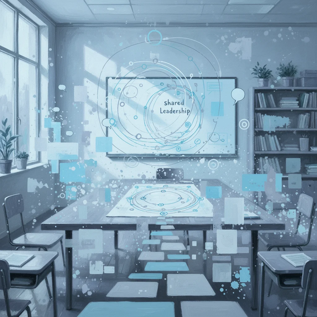 An oil-painting scene of a Finnish school community embracing shared leadership—diverse educators and students gather around a large table to collaborate, guided by warm light, open hands, and calm, trusting faces. Subtle metaphors of psychological safety appear through soft illumination and gentle body language, while a flowing, roadmap-like arrangement of visual ideas leads the group toward collective decisions. Rich brushstrokes, natural colors, and a detailed background of a school hallway and meeting room make it an evocative, text-free header image for an article.
