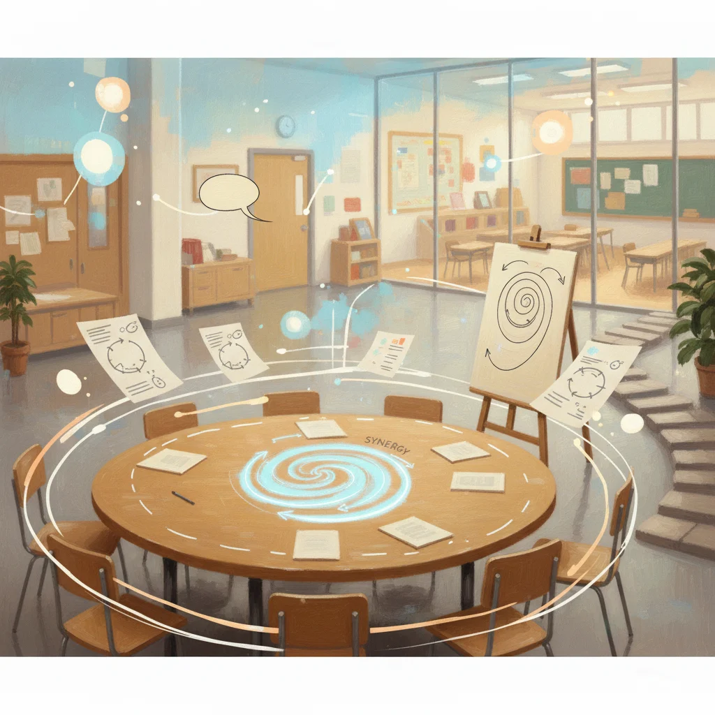 Warm, high-detail oil painting of diverse educators gathered around a large open planning table in a modern classroom hall. A circular, hand-drawn “shared leadership” diagram is suggested through flowing lines that connect the team, while one person points toward a blank roadmap board. Subtle speech-bubble shapes without words float in the air to evoke dialogue, and a pathway of step-like marks visually bridges planning to everyday classroom life. Rich brushstrokes, soft light, and an earthy palette emphasize teamwork, open communication, and ongoing change adoption.